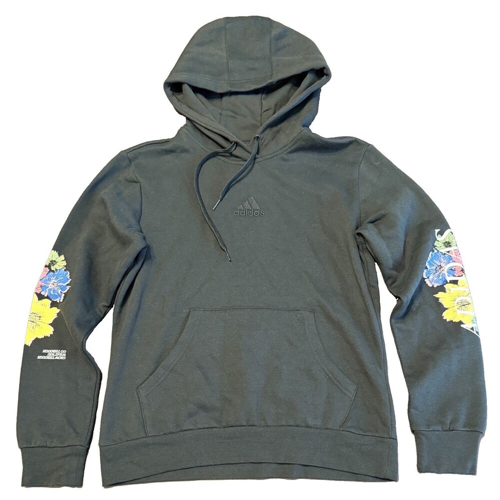ADIDAS Women’s Small (8-10) Black Hoodie, Floral Graphic Sleeves #88387 NWOT ‘22